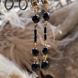 Vintage 1980s Black Bead Dangle Earrings Gold Tone Long Drop New Old Stock NOS